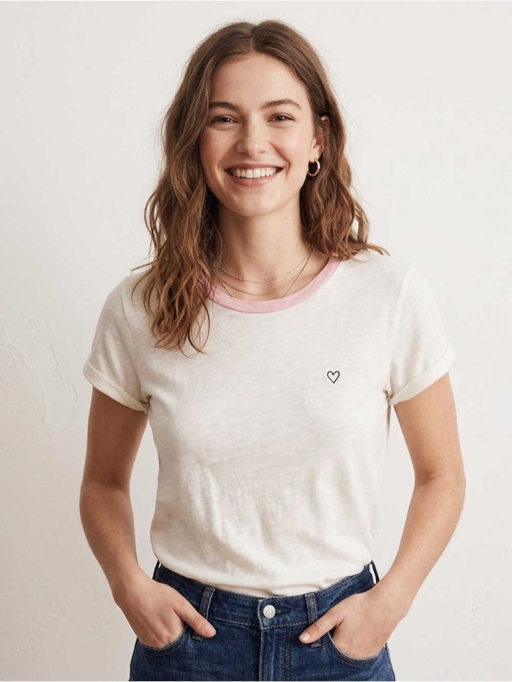 Madewell ivory pink heart embroidered classic ringer tee size medium